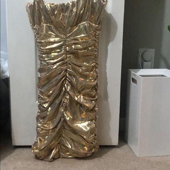 MESHKI RUCHED THIN STRAP MINI DRESS GOLD - Picture 4 of 5